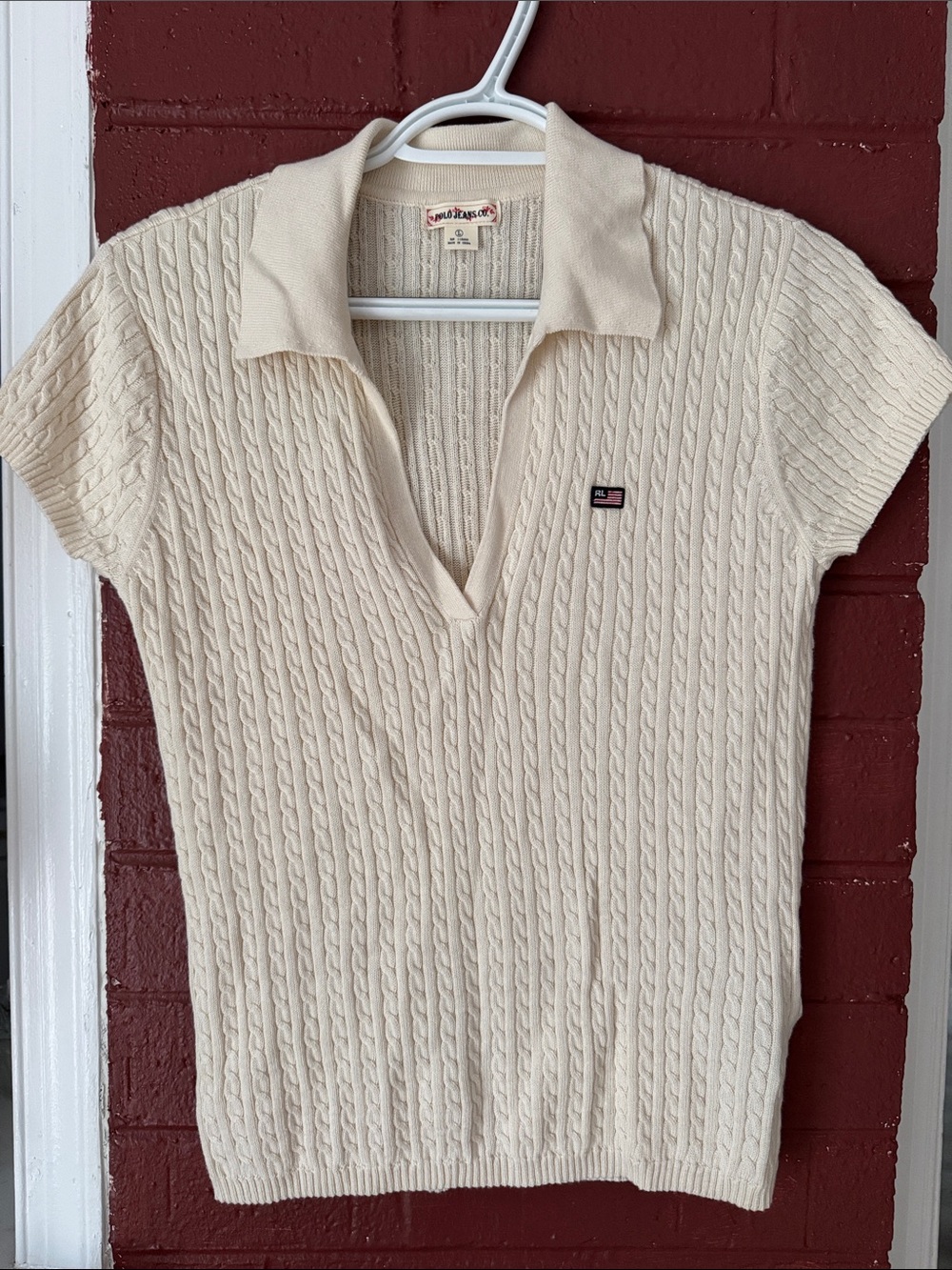 Polo by Ralph Lauren Cream Cable-Knit V Neck Polo Short Sleeve Shirt Large